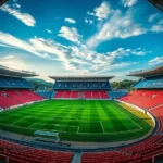 Visão ampla e ultrarrealista da Huvepharma Arena em Razgrad ao final da tarde, com o campo vazio e assentos em destaque.