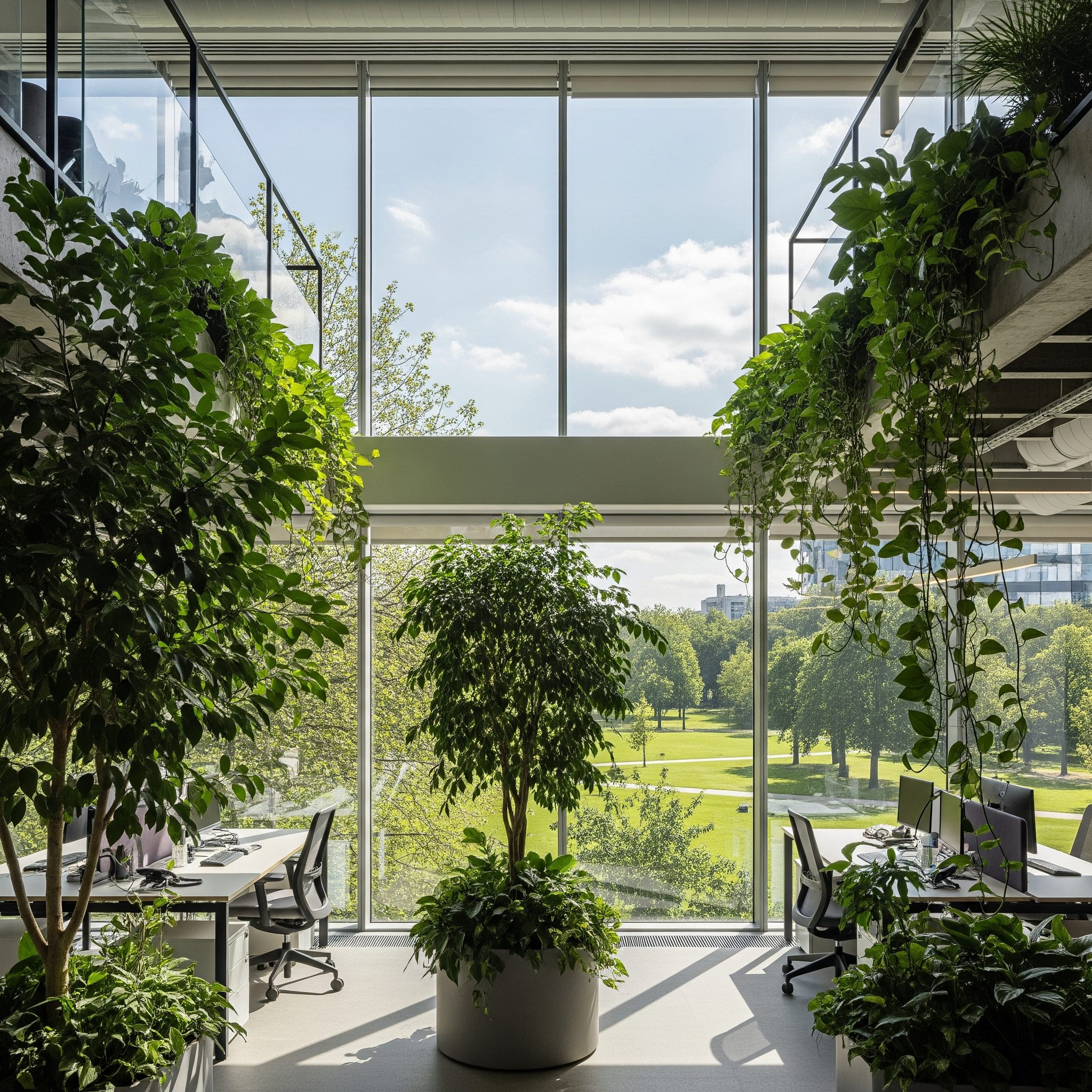 Interior de um ambiente com elementos biofílicos como plantas e luz natural, promovendo a conexão com a natureza na arquitetura. Foto gerada por IA