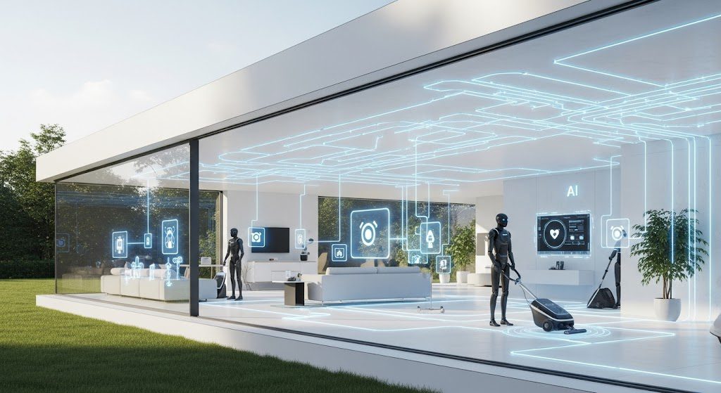 Casa conectada com tecnologia de Inteligência Artificial. Imagem gerada por IA