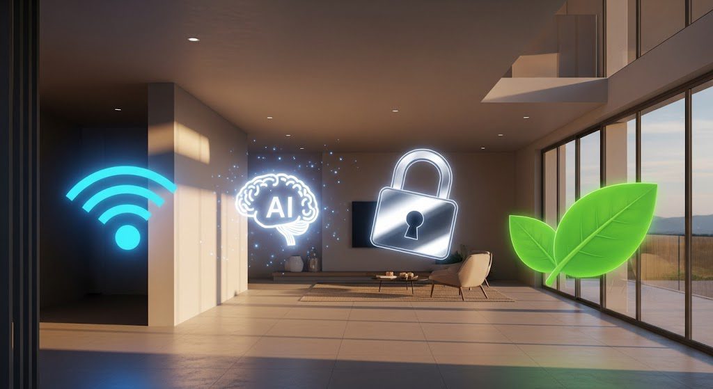 Tecnologia em casas inteligentes 2025, com automação, segurança, IA e 5G para um lar conectado e sustentável. Imagem gerada por IA