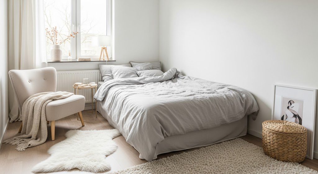 Quarto decorado com cores claras e neutras. Foto gerada por IA