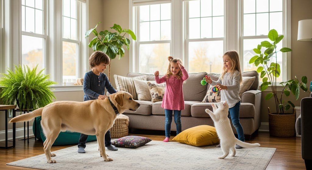 Crianças e pets convivem bem com plantas. Imagem criada por IA
