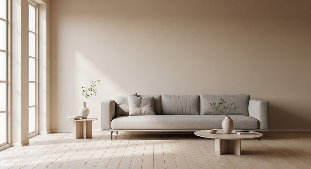 Sala de estar com decoração minimalista. Imagem criada com IA