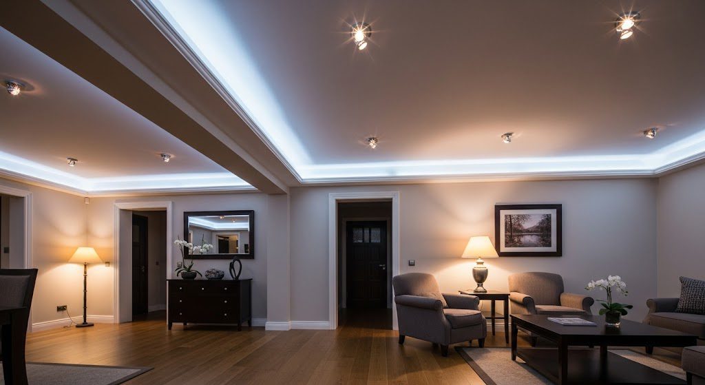 Ambiente interno com iluminação estrategicamente distribuída. Imagem criada com IA