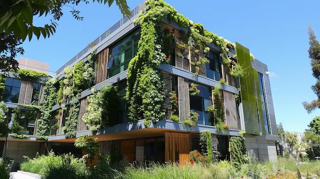 Edifício moderno com elementos de arquitetura verde, como fachada vegetal, representando a sustentabilidade na construção civil em 2025. Imagem gerada com IA