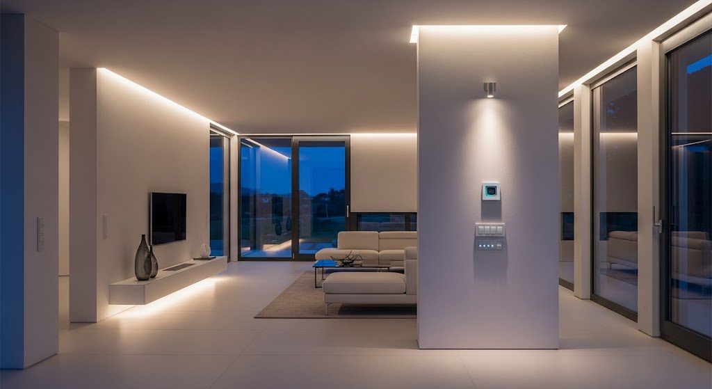 Sala de estar moderna com iluminação inteligente. Imagem criada com IA