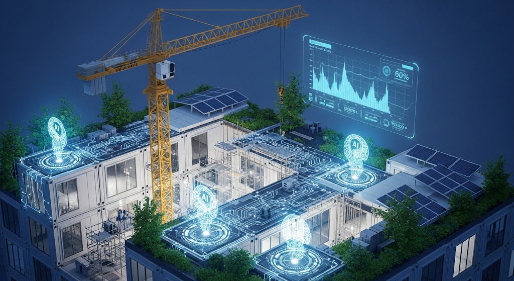 Ilustração de inteligência artificial otimizando processos de construção para sustentabilidade e segurança, com elementos de design e tecnologia. Foto gerada com IA
