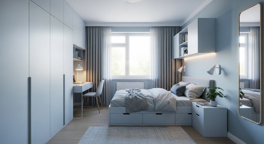 Quarto pequeno com móveis planejados. Foto criada por IA