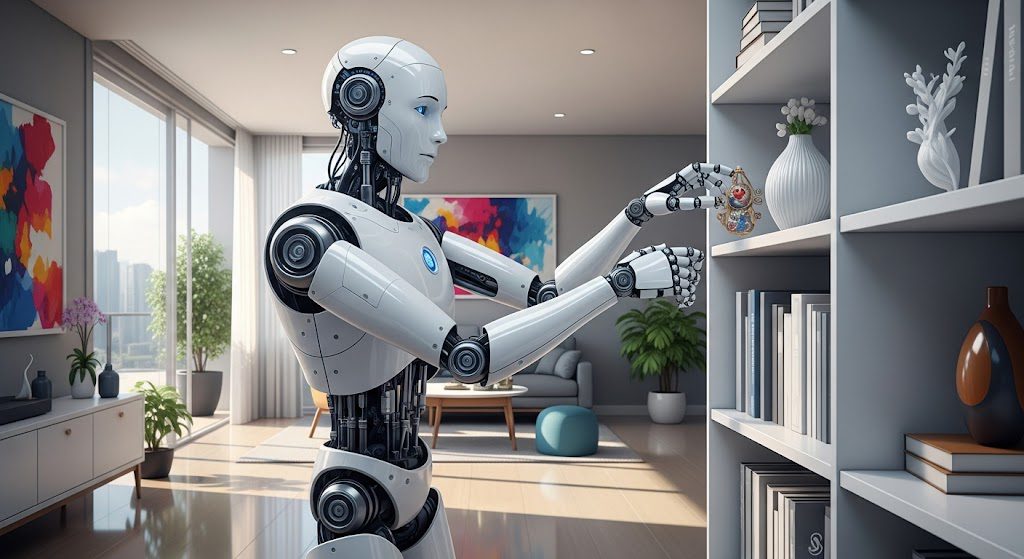 Robô doméstico do futuro com braços robóticos, interagindo em uma casa inteligente. Imagem gerada por IA