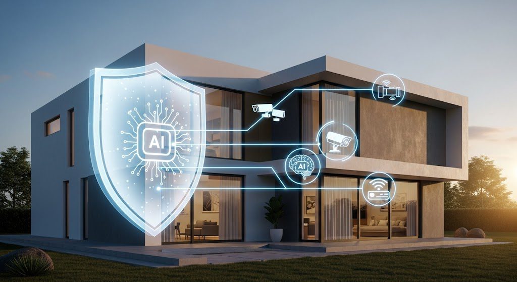 Tecnologia de segurança inteligente em casa moderna. Imagem gerada com IA