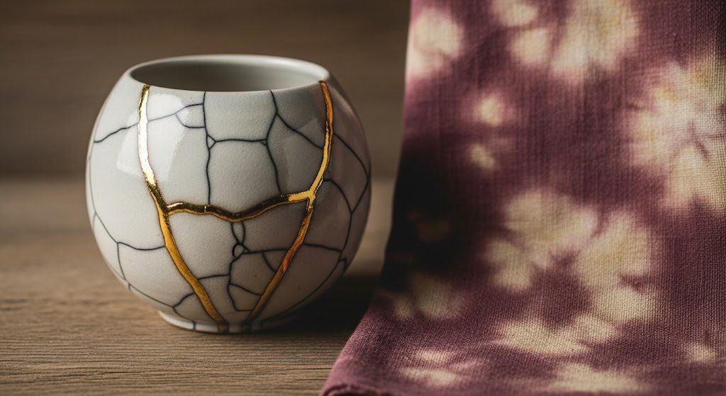 Peça de cerâmica kintsugi e tecido tingido naturalmente. Imagem gerada por IA