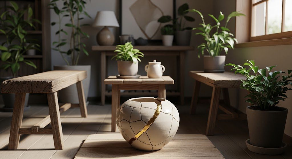 Ambiente decorado no estilo wabi-sabi. Imagem gerada por IA