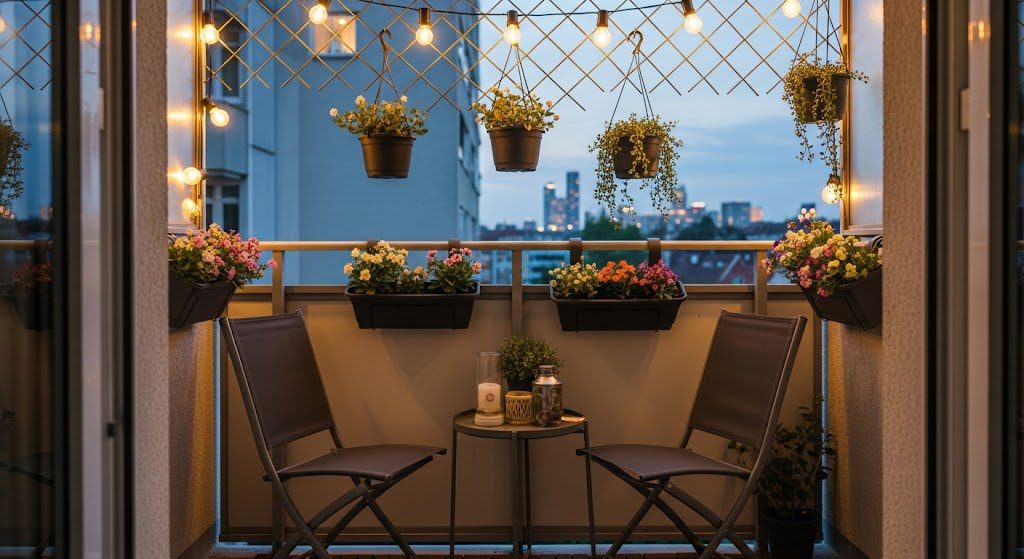 Varanda pequena decorada. Foto criada com IA