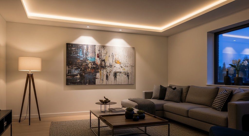 Sala de estar com projeto de iluminação. Foto gerada com IA