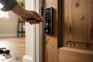 Instalação de fechadura digital. Foto gerada com IA