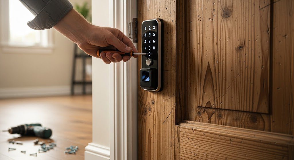 Instalação de fechadura digital. Foto gerada com IA