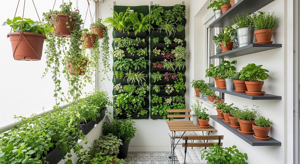 Varanda decorada com plantas. Foto criada com IA