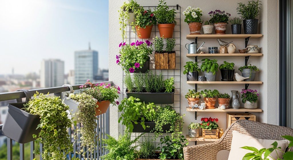 Varanda decorada com prateleiras e vasos com plantas. Foto criada com IA