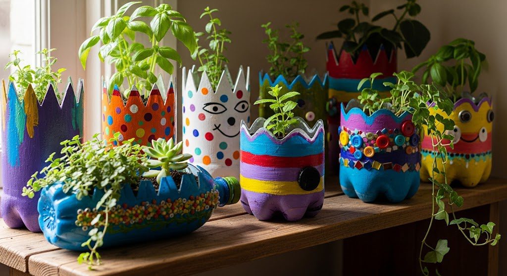 Vasos de plantas utilizando garrafa PET. Foto gerada com IA