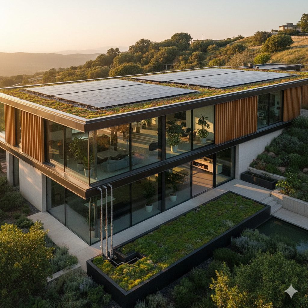 Projeto residencial com telhado verde e painéis solares. Imagem gerada por IA