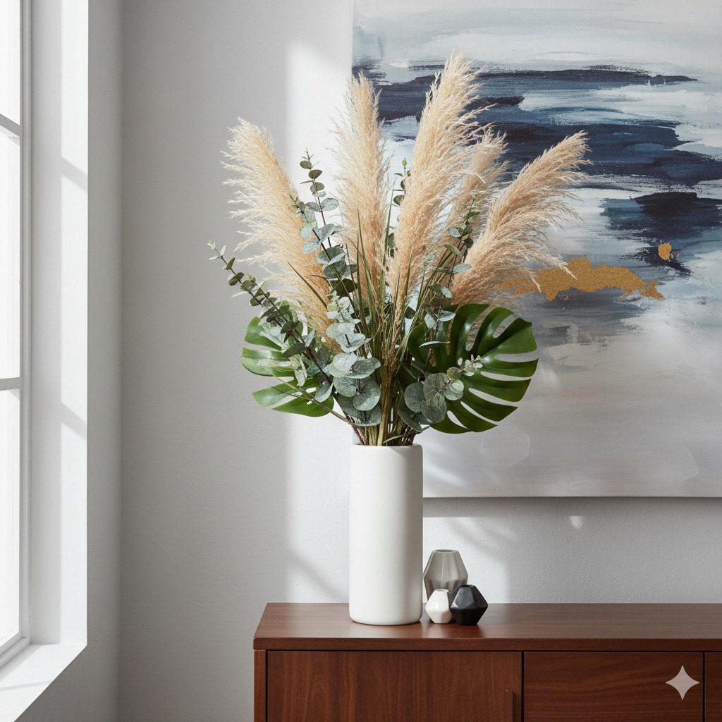 Flores e plantas artificiais e secas: decoração prática e estilosa