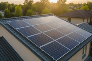 Sistema de painéis solares instalados no telhado de uma casa. Foto gerada por IA