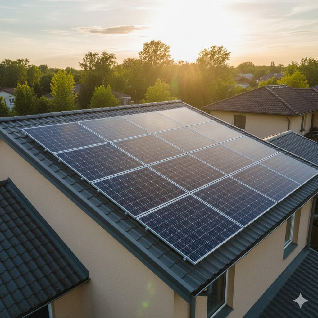Sistema de painéis solares instalados no telhado de uma casa. Foto gerada por IA