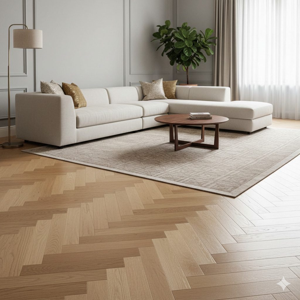 Sala de estar com piso de madeira. Foto gerada por IA