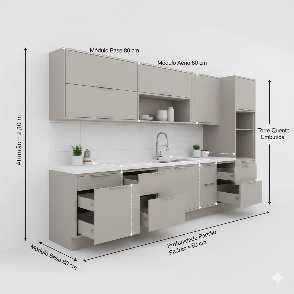 Cozinhas Modulares: guia de medidas padrão, materiais e planejamento