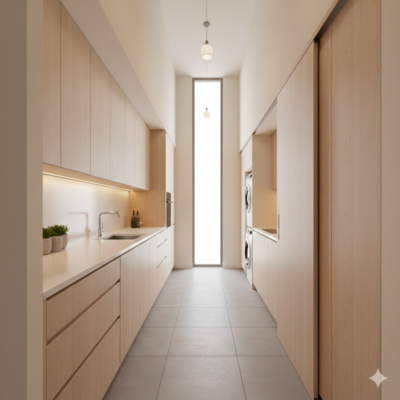 Cozinha Corredor: 5 truques infalíveis para ganhar espaço e camuflar a lavanderia