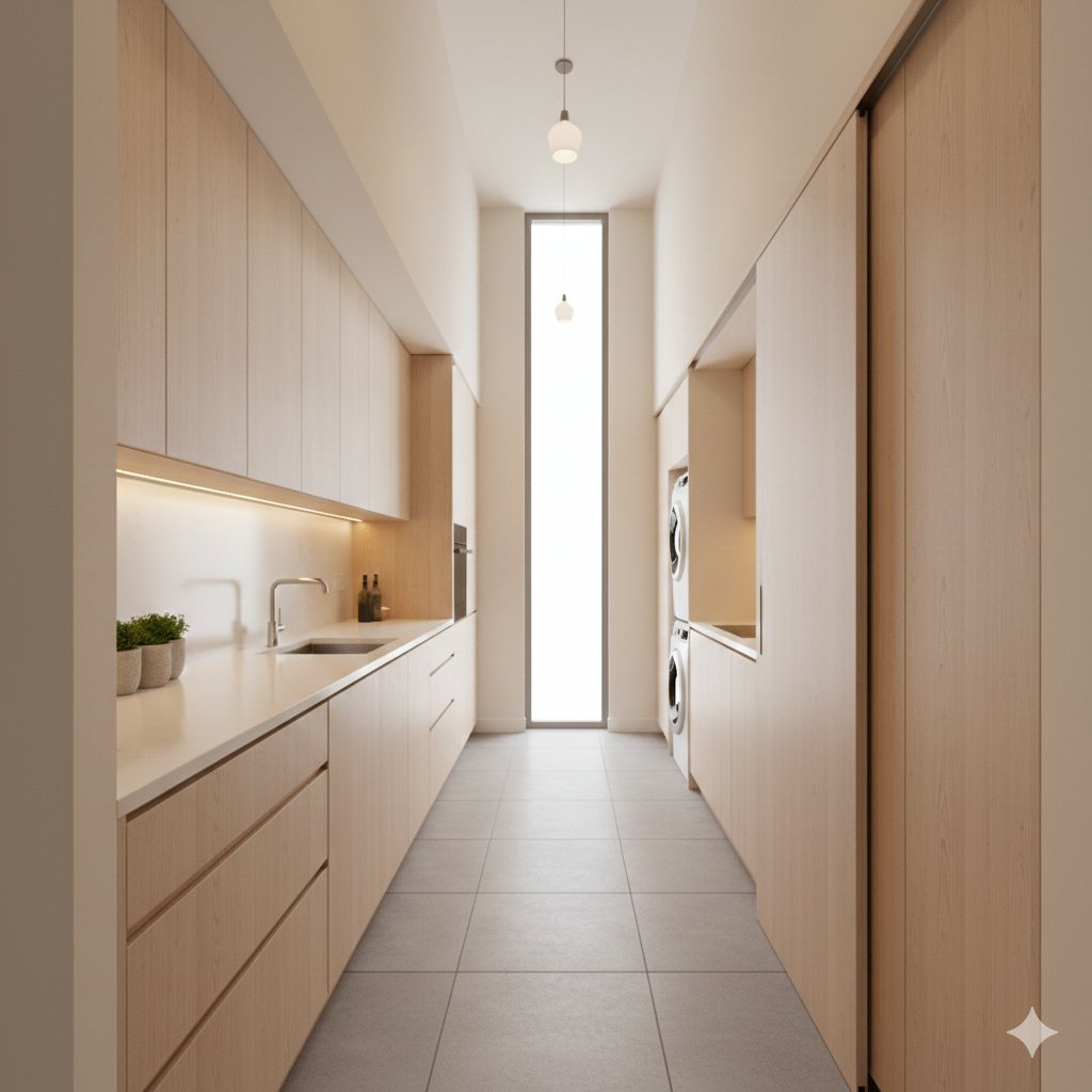 Cozinha Corredor: 5 truques infalíveis para ganhar espaço e camuflar a lavanderia
