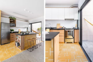 A cozinha integrada virou a atração da área social ao receber os ladrilhos hidráulicos na cor mostarda, desenhado pelo escritório Rawi Arquitetura, exclusivamente para o projeto. Os revestimentos cobrem o piso e sobem até a bancada | Fotos: Juliana Deeke
