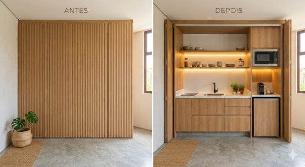 Cozinha Oculta: Como esconder a área técnica em estúdios de 30m²