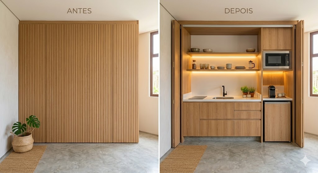 Cozinha Oculta: Como esconder a área técnica em estúdios de 30m² Cozinha Oculta: Como esconder a área técnica em estúdios de 30m²