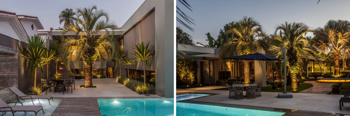 Próximo à piscina, o paisagismo aposta em palmeiras esculturais, folhagens ornamentais e iluminação direcionada para criar um ambiente fresco e integrado à natureza Paisagismo de Depieri Paisagismo Arquitetura de Denise Zuba Arquitetos