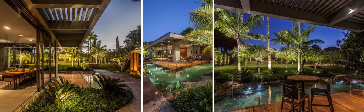 Diferentes ângulos do lago que abraça o deck e a área gourmet, ambiente perfeito para momentos de pausa ou de encontros com os amigos. Ao fundo, é possível ver as palmeiras-de-pescoço-marrom (Dypsis leptocheilos) Paisagismo de Depieri Paisagismo Arquitetura de Denise Zuba Arquitetos Execução do Lago de Junior Natural Lagos