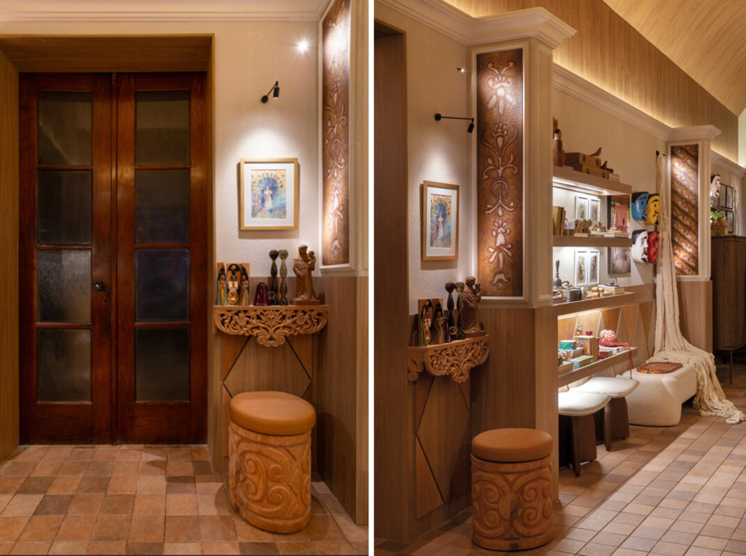 Ao longo dos 32 m² do ambiente, cada pilar é ornamentado pela pintura realizada pelo artista visual boliviano Leoni Antequera. No destaque em primeiro plano, um dos dois bancos com design assinado pelo arquiteto Eduardo Baldelomar, os detalhes em madeira foram talhados pelos artesãos locais de Chiquitania Foto Carolina Mossin