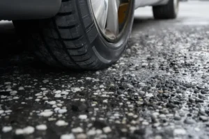 Pneu de carro bem calibrado em asfalto, com foco nos detalhes da borracha e aderência. Simboliza manutenção automotiva.