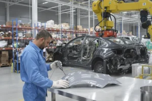 Técnico examinando uma peça automotiva em um centro de reciclagem de veículos da Stellantis