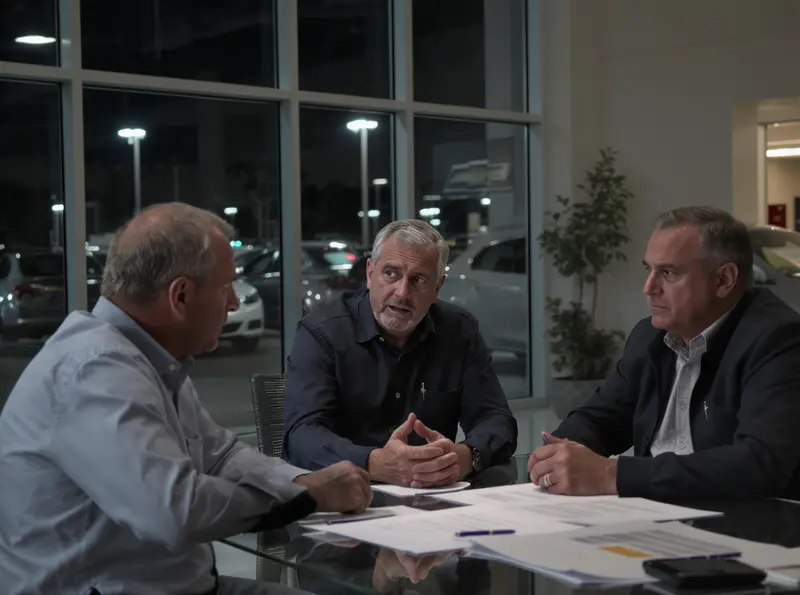 BYD, Chevrolet e Renault lideram ranking de insatisfação dos concessionários, revela pesquisa Três homens, empresários de concessionárias Chevrolet, com expressões preocupadas, discutem em uma mesa de vidro com documentos, carros Ford ao fundo.