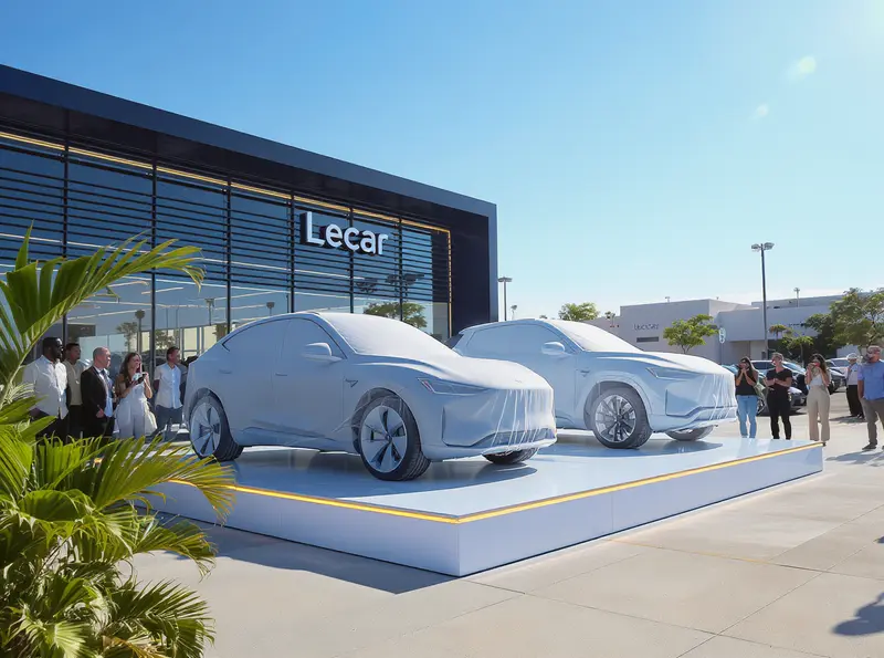 Carros de Musk brasileiro acumulam milhares de pedidos antes do lançamento Cena de concessionária com carros Lecar sob panos, gerando expectativa.