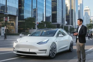 Tesla Model Y L branco estacionado em rua de Xangai com engenheiro chinês ao lado.