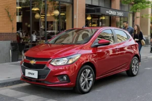 Casal se aproximando de um Chevrolet Onix Turbo 2026 vermelho estacionado em uma rua urbana ensolarada.