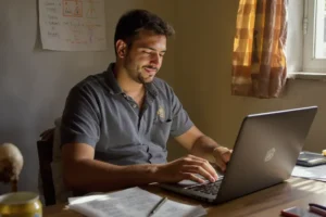Jovem brasileiro estuda para CNH em notebook, representando acesso facilitado ao documento.