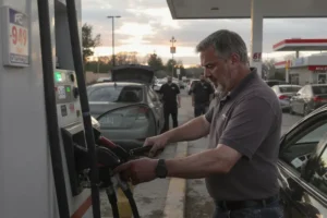 Um motorista preocupado aponta para a bomba de combustível enquanto um frentista o engana.