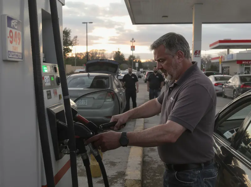 Fraude nos combustíveis: como identificar gasolina e etanol adulterados Um motorista preocupado aponta para a bomba de combustível enquanto um frentista o engana.