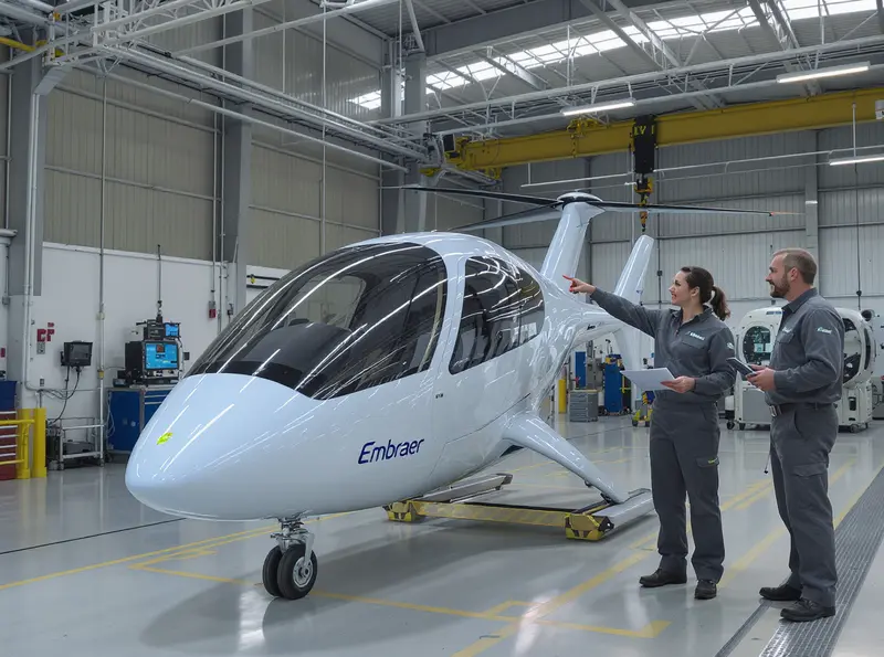 Embraer confirma data do primeiro voo do táxi aéreo eVTOL Engenheiros observam o protótipo do eVTOL em hangar, luz natural iluminando a aeronave.