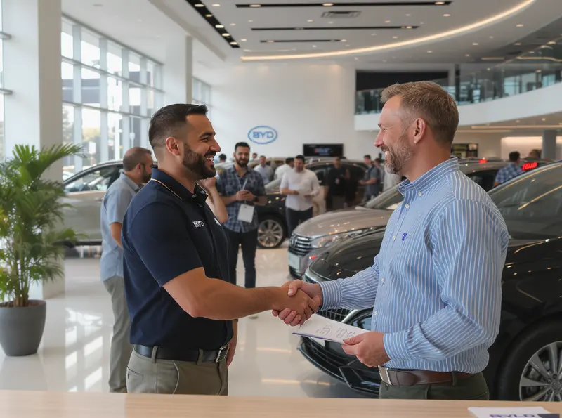 BYD ultrapassa Honda e se torna a 7ª marca que mais vende carro zero km no Brasil Cliente feliz e vendedor apertando as mãos em concessionária da BYD com modelos de carros visíveis.