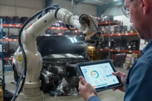 Robô com IA inspecionando carro em desmanche tecnológico. Tablet com diagnóstico. Operador humano presente.