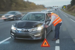 Homem com colete refletivo sinaliza carro parado no acostamento de uma rodovia movimentada, devido a pane.